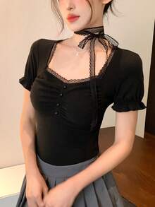 FRIFUL Women's Solid Color Contrast Lace Sweetheart Neck Short Sleeve Fitted Elegant T-Shirt Summer - Black - View 5