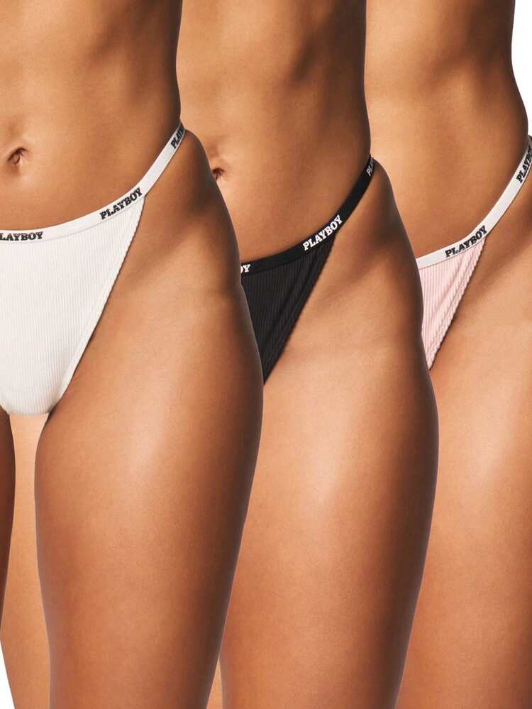Missguided x Playboy Three Pack Ribbed Thong Underwear Set With Logo Waistband For Everyday Comfort