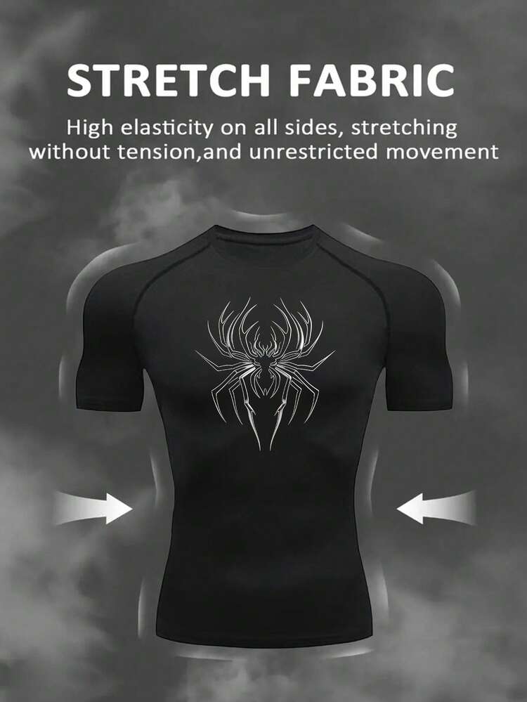 Manfinity EMRG Camiseta deportiva de compresión de manga corta, ajustada, de cuello redondo, con estampado de araña, para hombres - Negro - Añade 3