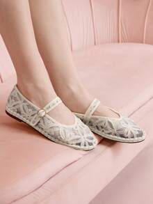 CUCCOO DOLLMOD Women's Fashionable Elegant Commuting 3D Floral Mesh Flats - Beige - View 3