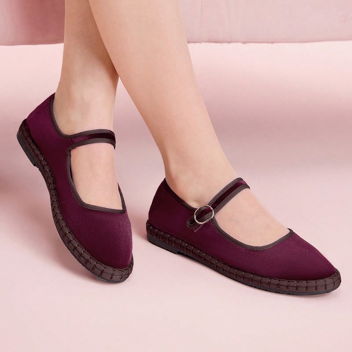 Zapatos planos tipo Mary Jane de terciopelo burdeos para mujer, elegantes y de moda
