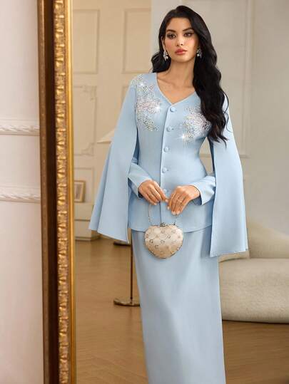 Modelyn 女士V领喇叭袖彩色贴花端庄优雅两件套