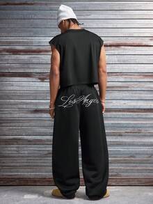 AXEPEAK 男士字母印花抽绳腰带口袋阔腿宽松运动裤 - 黑色 - 查看 6