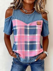 EMERY ROSE New Plaid Denim Effect Off-Shoulder Casual Sexy Versatile Regular Blouse For Women - Red - View 3