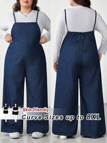 SHEIN CURVE+ 大码休闲宽松露背系带牛仔连体裤，春夏情人节嘉年华服装，通勤度假毕业时尚Y2K可爱街头风派对婚礼优雅商务休闲女式舒适大码牛仔背带裤，宽松版型阔腿设计，亲肤面料，带口袋 - 藍色 - 查看 8