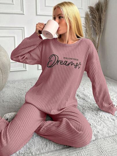 EURMUSE Women's Letter Graphic Crew Neck Long Sleeve Top And Wide Leg Pants Casual Loungewear Set
