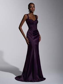 Elitara Elegant Luxury French Contrast Lace Satin Square Neck Adjustable Straps Waist Mermaid Hem Formal Gown, Business Formal Dress, Guest Dress, Evening Dress, Valentine's Day - Purple - View 5