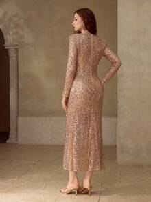 MOTF PREMIUM ELEGANT BEADED EMBROIDERED LONG DRESS - Gold - View 4
