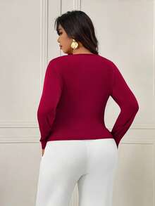 Femmeverse 女士加大码深V领褶皱长袖修身针织上衣