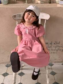 DAZY Đầm kiểu Hàn Quốc dễ thương cho bé gái, cổ Peter Pan, thêu hình thỏ hoạt hình, thích hợp cho mùa xuân/thu. - Đỏ - Xem 11