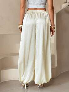 SHEIN Tall 2025 Women's Casual Apricot Satin Glossy Drawstring Waist Loose Pants, Suitable For Commuting, Partying, Going Out, Business Casual And Daily Wear - Apricot - View 3