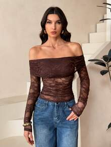 SHEIN Tall 性感透视蕾丝拼接露肩长袖T恤，浪漫情人节约会必备；女士性感褶皱透视常规袖露肩修身咖啡棕色纯色女式上衣；春秋季休闲日常穿着 - 咖啡棕 - 查看 5