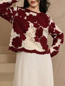DAZY Women's Elegant Floral Print Crew Neck Sweater, Autumn/Winter - Burgundy - View 4