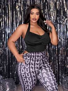 Slaydiva Bodysuit Rajut Hitam Kasual Tanpa Lengan Model Halter Neck Ukuran Plus dengan Detail Lipatan - Hitam - View 12
