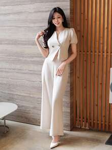 DAZY Bộ đồ nữ thanh lịch gồm áo sơ mi trơn màu và quần ống rộng, thích hợp cho mùa xuân/hè, váy dự tiệc cưới. - Màu be - Xem 4