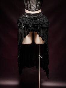 SHEIN ICON 女士水钻婚礼生日派对度假情人节黑色闪亮低腰不对称多层荷叶边下摆派对亮片性感半身裙 - 黑色 - 查看 3