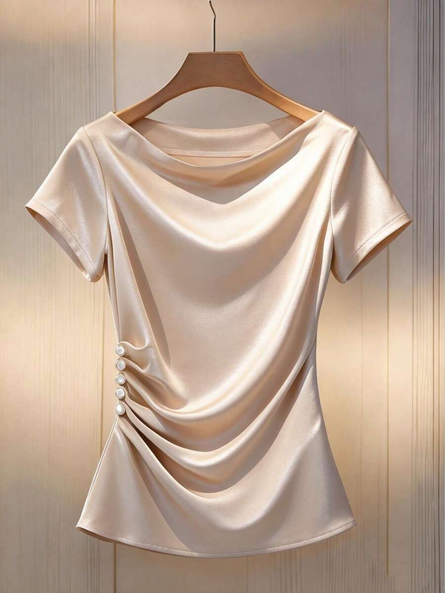 GlowEve Women's Elegant Satin Lapel Waist Pleated Straight Sleeve Blouse, Spring/Summer - Apricot - View 1