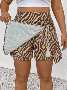 SHEIN Frenchy Plus Size Casual Vacation Fringe Zebra Print Shorts - Brown - View 5