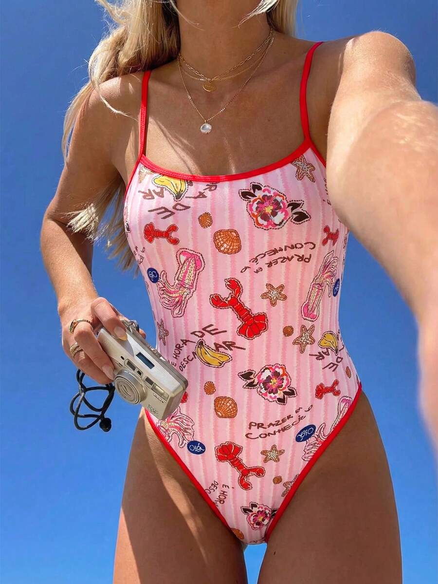 Swim Mod 性感连体泳衣，海洋生物印花撞色高衩丁字裤设计，带衬垫胸部，可调节肩带，修身剪裁，适合海滩、泳池、生日派对、夏季等场合。