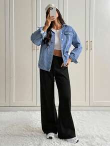 SHEIN Tall Quần thể thao nữ dáng rộng, thắt eo phía trước, thích hợp cho mùa thu/đông, mặc hàng ngày và đi học. - màu đen - Xem 6