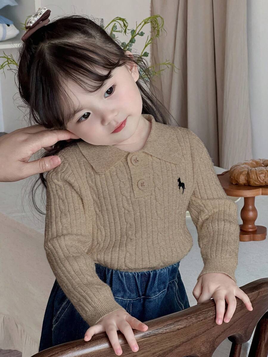 DAZY Baby Girls Crochet Knit Button-Up Long Sleeve Sweater - Khaki - View 1
