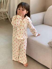 DAZY 女婴爱心印花纽扣长袖上衣和裤子睡衣套装 - 白色 - 查看 2
