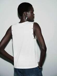 Franclia 女士休闲金属装饰无袖圆领背心，春夏款 - 白色 - 查看 2