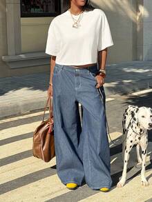 SHEIN EZwear 大碼素色落肩T恤 - 白色 - 查看 4