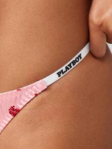 Missguided x Playboy Cheeky Thong Bikini Bottom With Bunny Logo Print High Cut Brazilian Style String Swimwear For Beach Pool Summer Vacation - Multicolor - View 3