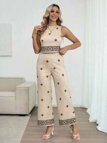 Louniche 女士春秋季雪纺印花圆领无袖上衣和阔腿裤两件套 - 彩色 - 查看 3