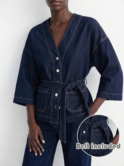 Maija Women's Dark Blue Denim Jacket 3/4 Sleeve Shirt With Belt Spring Elegant Women's Wear