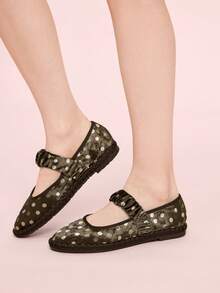 CUCCOO DOLLMOD 女士亮橙色优雅天鹅绒经典舒适褶皱弹力玛丽珍平底鞋 - 棕色波點 - 查看 3