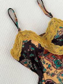 Sweetra Fashionable Bohemian Vacation Style Sunny Yellow Printed Summer New Arrival Camisole With Matching Lace Trim, Romantic Vibe - Multicolor - View 6