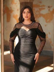 Aureia 大码优雅浪漫圆领长袖连衣裙，腰部褶皱设计，鱼尾裙摆，饰以奢华水钻，适合婚礼、派对、庆典、正式晚礼服（重工装饰设计） - 黑色 - 查看 4