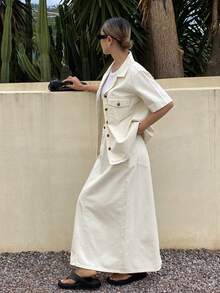 DAZY Women's Casual Pocket Shirt Collar Straight Skirt Denim 2-Piece Set, Spring/Summer - Beige - View 5