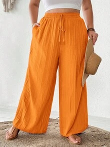 SHEIN CURVE+ 大码女装夏季休闲沙滩装，时尚商务通勤优雅阔腿裤，带口袋，莲花粉，夏季长裤，夏季/乡村/沙滩度假装/沙滩装/沙滩服饰 - 橘色 - 查看 6
