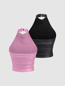 Sweetra 两件套女士时尚性感露背PU皮革派对露脐上衣套装 - 彩色 - 查看 2