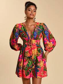 Travachic 女士V领七分袖印花迷你连衣裙，度假/休闲服饰，春夏款 - 彩色 - 查看 6