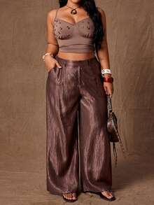 Rustia Quần ống rộng nữ cỡ lớn màu trơn, kiểu dáng cổ điển, sinh viên, đa năng, lãng mạn, dễ thương, cài nút, khóa kéo phía trước, xếp ly, cạp chun, dáng rộng, thoải mái, phù hợp cho công sở và đi làm vào mùa xuân, hè, thu. - màu nâu - Xem 1