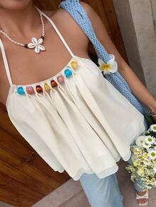 MainGRL Top halter de doble capa con decoración de cuentas, color amarillo vibrante, ideal para vacaciones casuales, verano, primavera y playa para mujeres, top casual para salir, vacaciones para mujeres - Amarillo claro - Ver 1