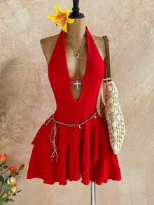 Soleia 性感V领交叉装饰镂空露背吊带纹理面料多层不规则下摆迷你连衣裙，适合派对、圣诞节、约会、夜店、海滩、邮轮、下午茶、波西米亚风、度假、秋季女装、复古风 - 紅色 - 查看 6