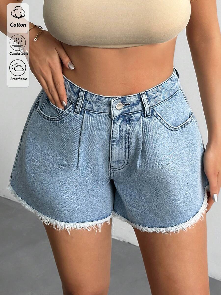 EURMUSE Summer Casual Washed Frayed Hem Denim Shorts - Light Wash - View 1
