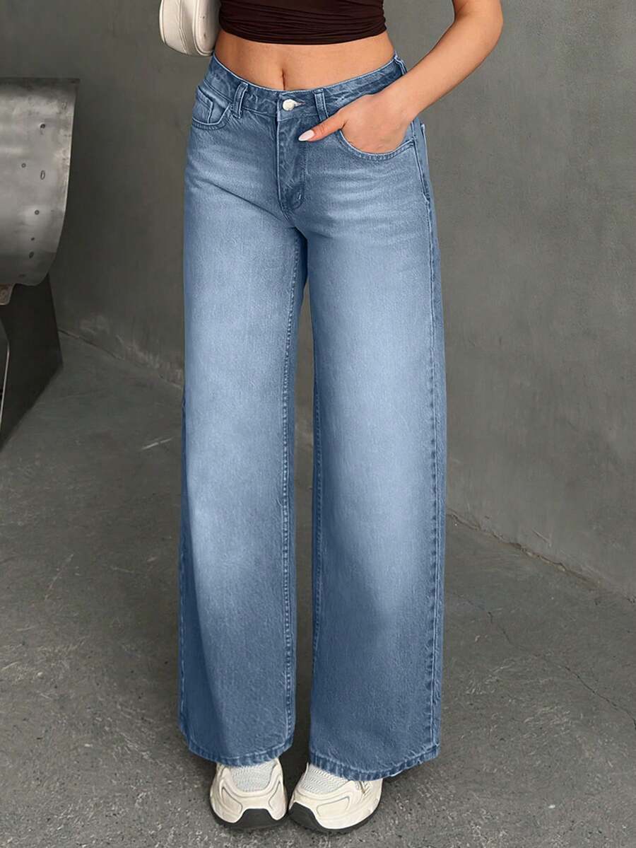 EURMUSE JEANS DE PIERNA ANCHA Y CINTURA MEDIA PARA MUJER - Celeste - Ver 1