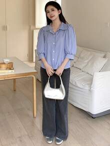 Teen Girls Blue & White Striped Collared Loose Lantern Sleeve Blouse, Casual Sweet Style For Spring, Summer, Autumn Blouses Teen Preppy Shirt Striped Shirt Collar Shirt Striped Blue Shirt Girl Collar Shirt - Blue and White - View 3