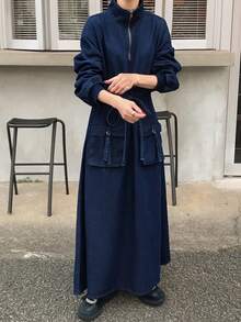 FRIFUL Women's Drop Shoulder Long Sleeve Zip Front Belted Waist Utility Pocket Casual Denim Dress - Blue - View 4