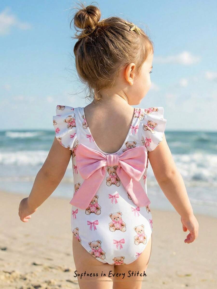 Cozy Pixies Toddler Girls' Colorblock Bow & Cartoon Bear Pattern Casual Cute Beach Swimwear - Pink - View 1