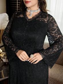 Modelyn Spitze, zart, intellektuell, sexy, romantisch, elegant, damenhaft, göttlich, schwarzes Langarm-Patchwork-Spitzenkleid mit Spitzeneinsätzen, figurbetontes Große Größen Kleid für Frauen - Schwarz - Übersicht 5