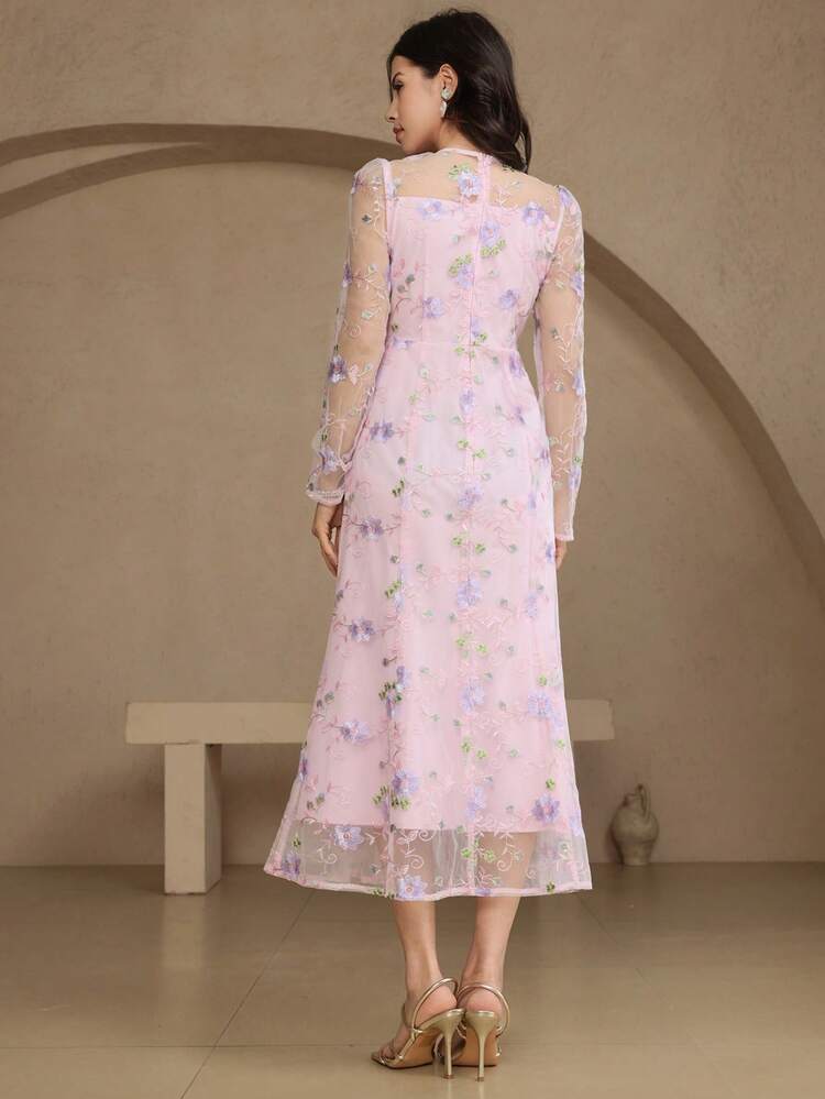 Spring/Summer Elegant Lace Trim Long Sleeve Midi Dress, Suitable For Wedding, Party, Formal Occasions Sundress Floral Dresses For Women