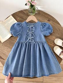 LMoss Kids 女童蓝色牛仔泡泡袖蝴蝶结连衣裙 - 淺色水洗藍 - 查看 10