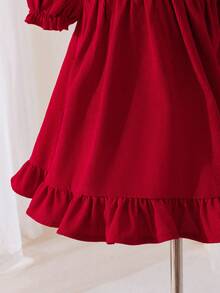 SHEIN LMoss Kids 女嬰紅色泡泡袖彼得潘領洋裝，休閒舒適，可愛女嬰款 - 紅色 - 查看 6